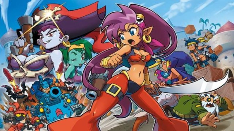 purple haired anime genie girl holding a sword surrounded by other animated characters from the game