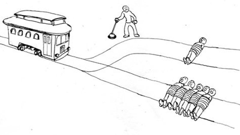 The trolley meme. A crude drawing of a trolley about to hit five people tied to the tracks and a person controlling a lever that could make the trolley switch track and instead hit just one person tied down.