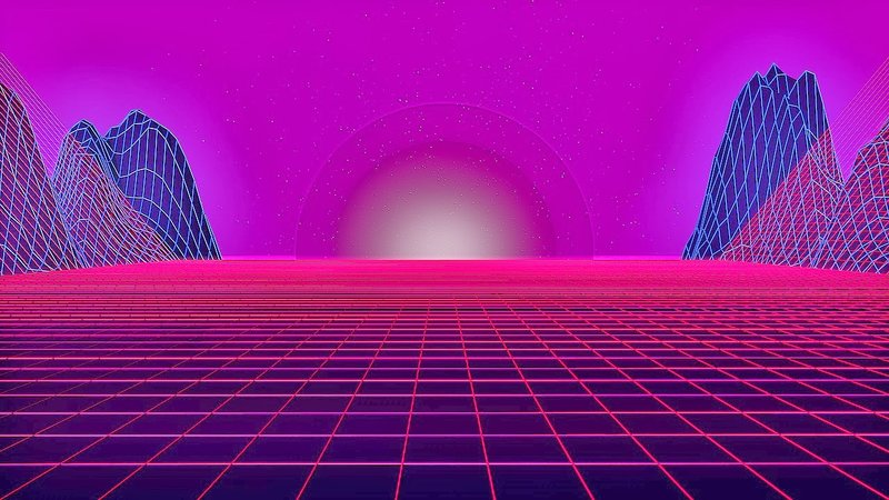 neon pink grid landscape sunset between mountains