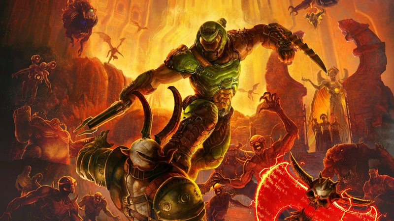 Doom Eternal video game poster Doomguy with a glowing sword standing on a pile of bodies