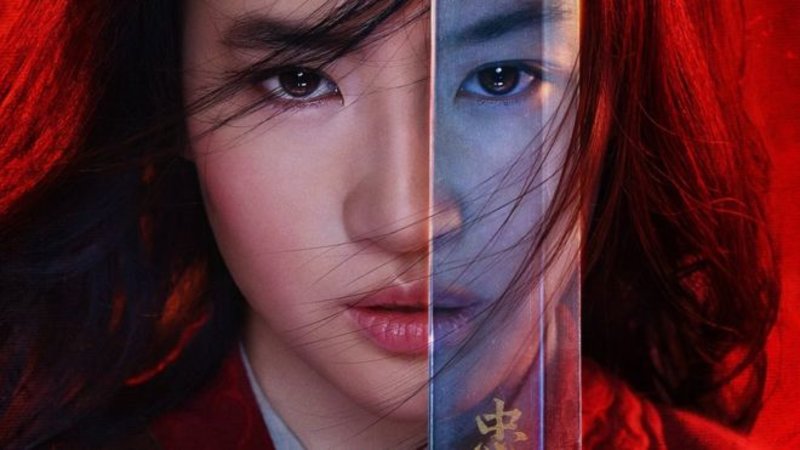 Liu Yifei as Mulan with a sword over her face