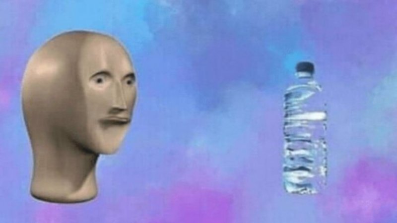 Surreal image of Meme Man head next to a bottle of water