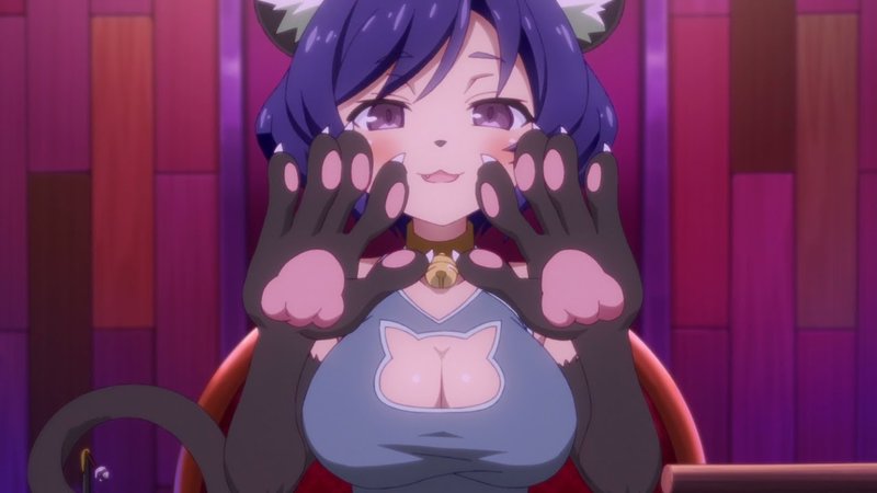 A manga and anime series involving characters having sexual experiences with various other species. An anime girl with animal ears and paws wearing a shirt with a keyhole shirt. 