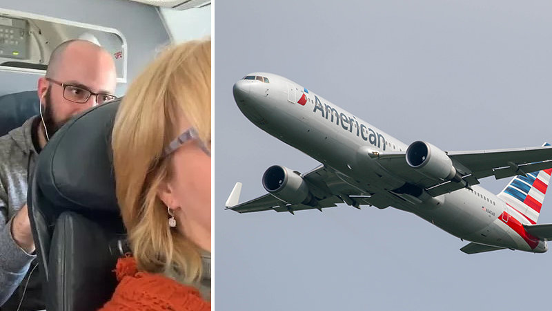 Passenger on American Airlines flight punching woman's reclining seat in front of him