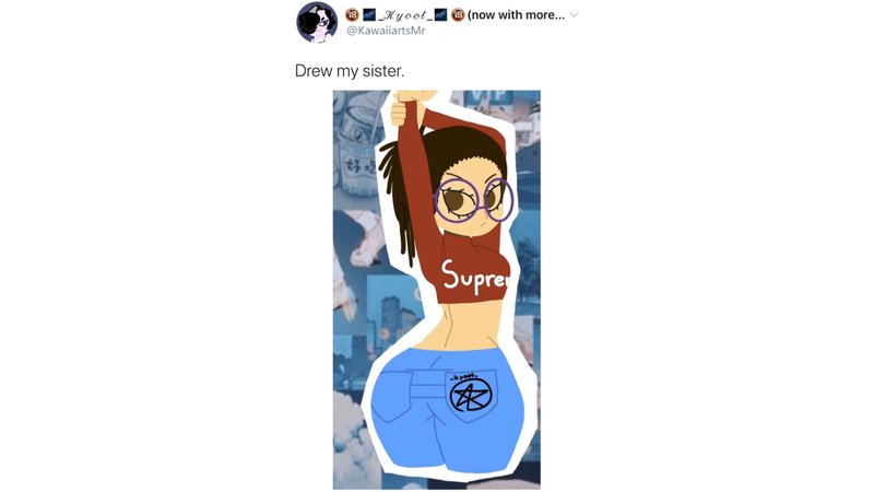 tweet by user kawaiiartsmr with a cartoon drawing of their sister wearing a crop top and glasses turning halfway toward the viewer