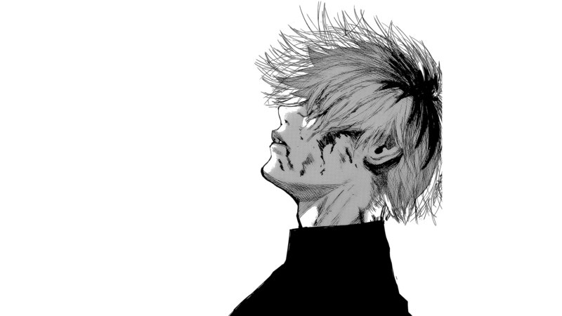 black and white manga character with a bloodied face looking up with his eyes hidden by his hair