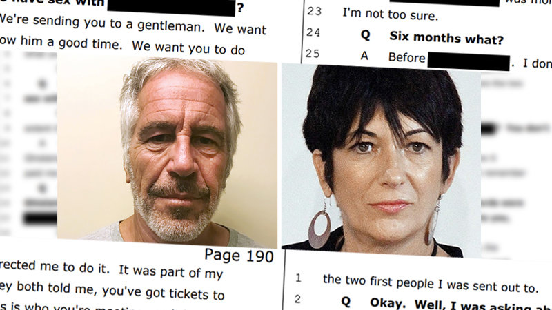 Epstein Files excerpts alongside photos of Jeffrey Epstein and Ghislaine Maxwell