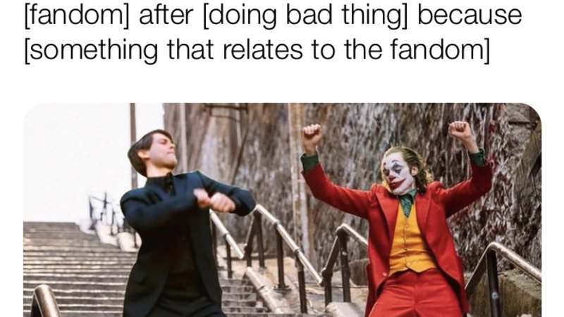 Peter Parker and the Joker dancing on stairs | [fandom] after [doing bad thing] because [something that relates to the fandom]