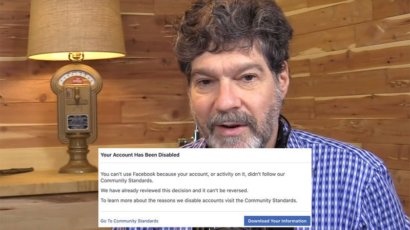 Bret Weinstein alongside the message that he had been banned from Facebook