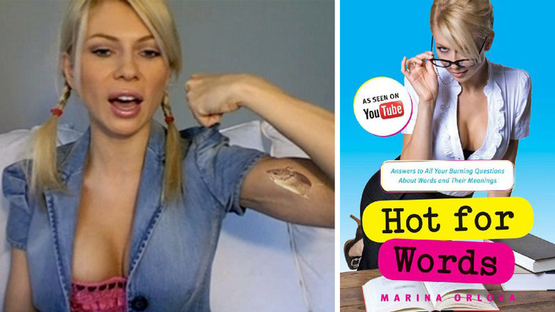 Marina Orlova from the Hot For Words YouTube channel, right, and the cover of her book on the left.