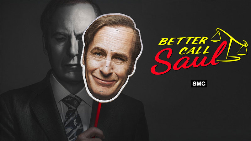 Better call saul promotional poster of actor Bob Odenkirk holding a mask of himself smiling over his face.