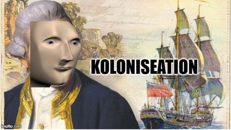 A history meme edit featuring Meme Man and a reference to the British colonial movement. 