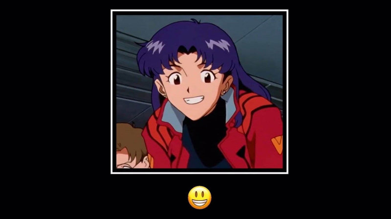 Emoji Demotivationals meme example depicting a demotivational poster with an image of Misato Katsuragi from Neon Genesis Evangelion smiling and a smiley face emoji.