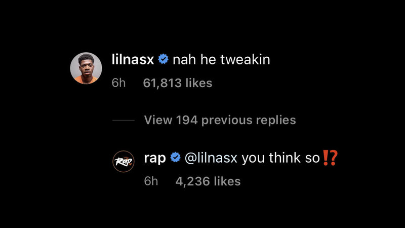 Nah He Tweakin meme depicting the original comment and reply from lil nas x on tony hawk's instagram.