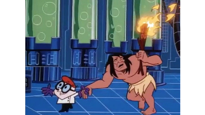 Dexter Showing Caveman His Lab meme format depicting dexter from dexter's laboratory guiding a cave man by the hand through his lab as the caveman looks confused.