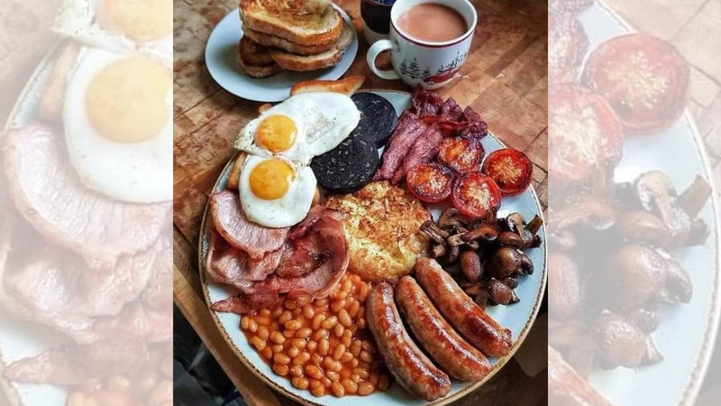 Full English Breakfast meme format depicting a traditional full English breakfast with sausage, beans, ham, bacon, eggs, black pudding, tomatoes and toast.