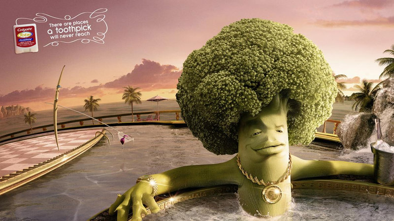 Broccoli In Hot Tub meme and advertisement for colgate toothpicks.