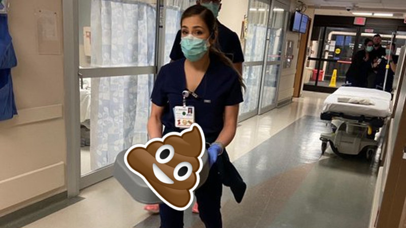 Nurse Carrying Poop meme template and format depicting workers at a hospital carrying a bedpan with feces in it.