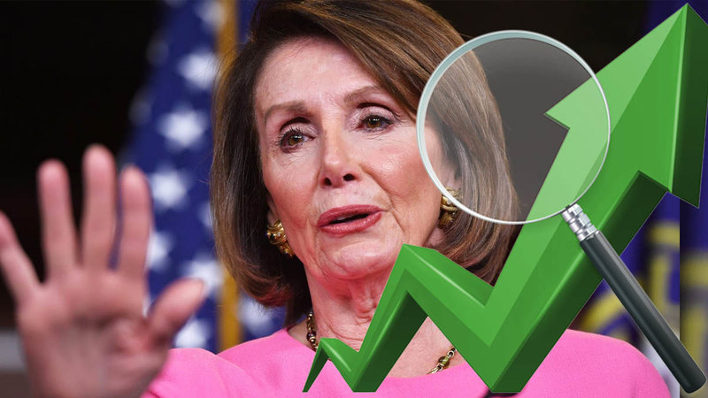 Nancy Pelosi Insider Trading memes depicting the speaker of the house superimposed with clip art of stocks.