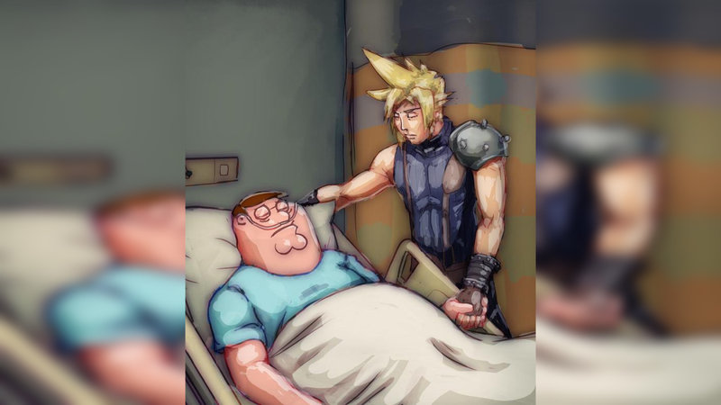 Peter I Told You meme template depicting cloud from final fantasy visiting peter griffin's hospital bed looking somber.