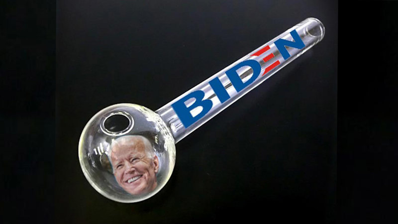 Joe Biden Crack Pipe meme depicting a crack pipe adorned with the face and presidential campaign logo from 2020.