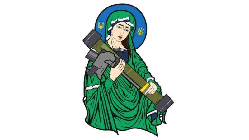 St. Javelin / Saint Javelin character depicting Madonna Kalashnikov holding a javelin missile, a symbol of Ukrainian resistance.