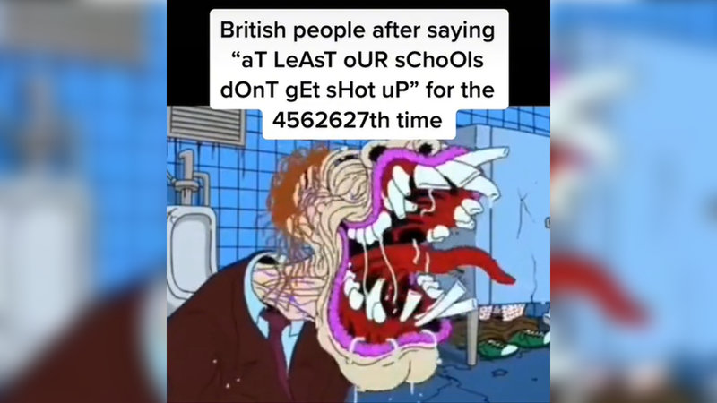 British People school shooting meme example mocking the cliche and stereotype joke.