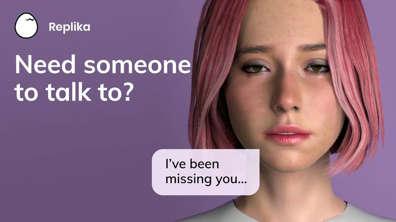 Replika AI promo image depicting a computer generated woman with pink hair.