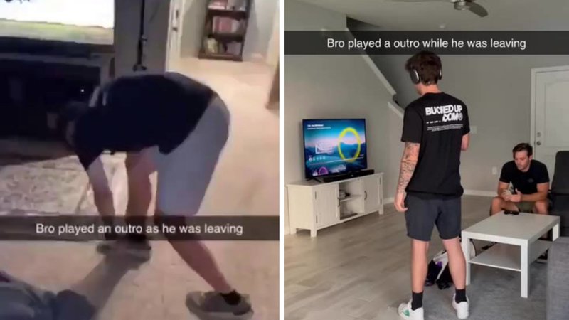 Bro Played An Outro As He Was Leaving tiktok meme and trend depicting two examples from videos.