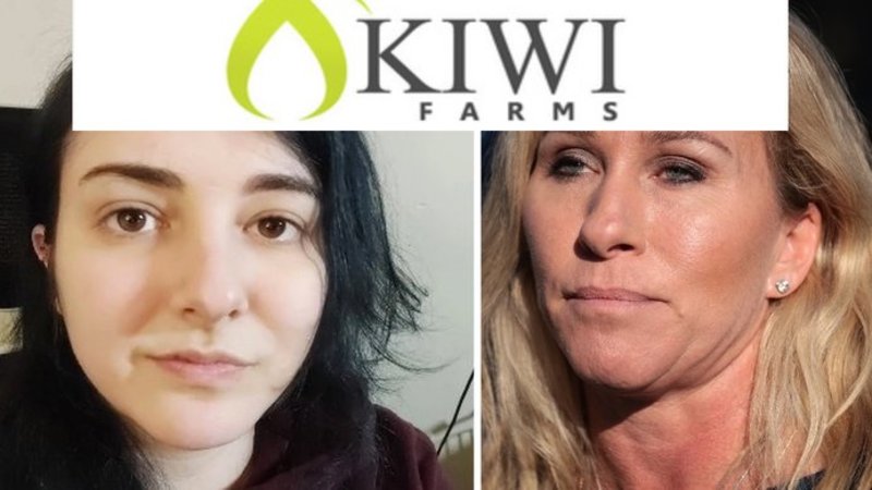 Twitch streamer Keffals and majorie taylor greene next to the kiwi farms logo.