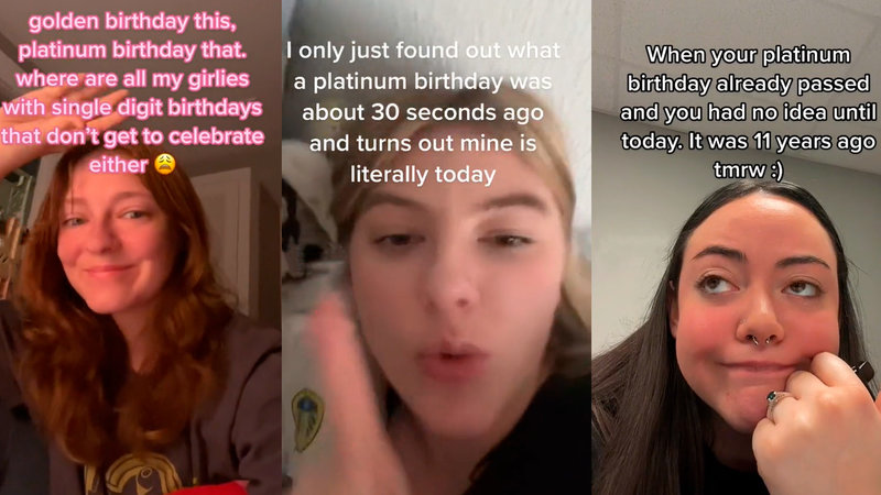 Three images of tiktokers reacting to platinum birthdays.