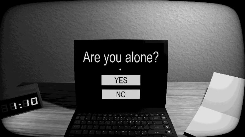 Start Survey video game depicting a screenshot showing a laptop with "are you alone?" written on the screen.