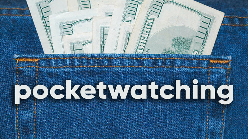 pocket watching / pocketwatching slang term depicting a jean pocket with money sticking out the top.