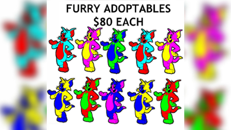 Adoptables image example depicting 10 various color options of Tom the cat for 80 dollars each.