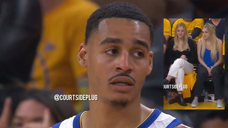 Jordan Poole Effect / Jordan Poole Baddies theory depicting the basketball player looking at two women on the sidelines.