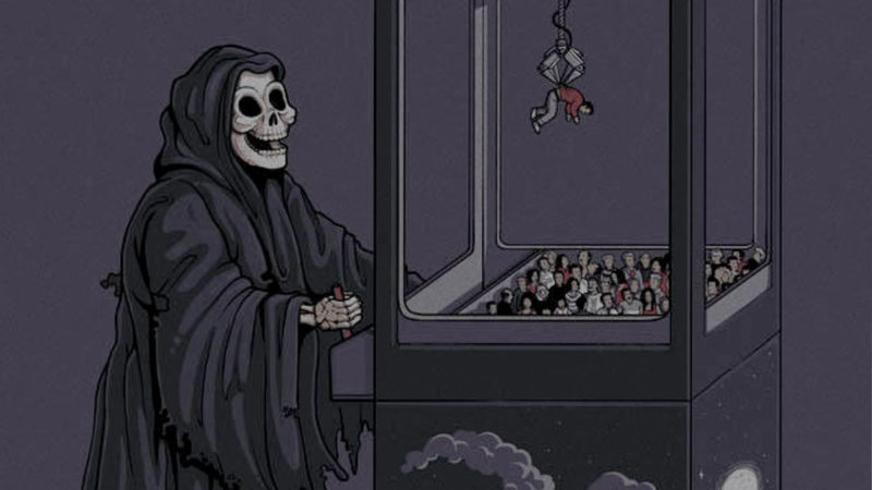 Grim reaper claw machine meme depicting the death claw machine looking for Henry Kissinger.