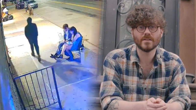 An image from the video of ryan carson stabbing on CCTV and another of him sitting on a stoop.