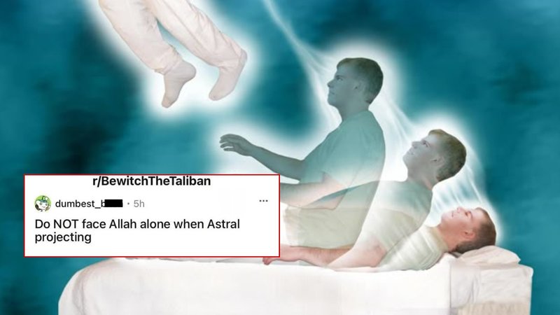 Do NOT Face Allah Alone While Astral Projecting Illustration showing a person doing an astral projection and the viral Reddit post that inspired the copypasta, writing "do not face Allah alone when Astral projecting."