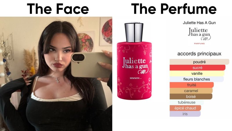 The Face vs The Perfume meme example depicting a selfie shared by X user @giulia_m2sa accompanied by a screenshot from Fragrantica showing her favorite perfume.