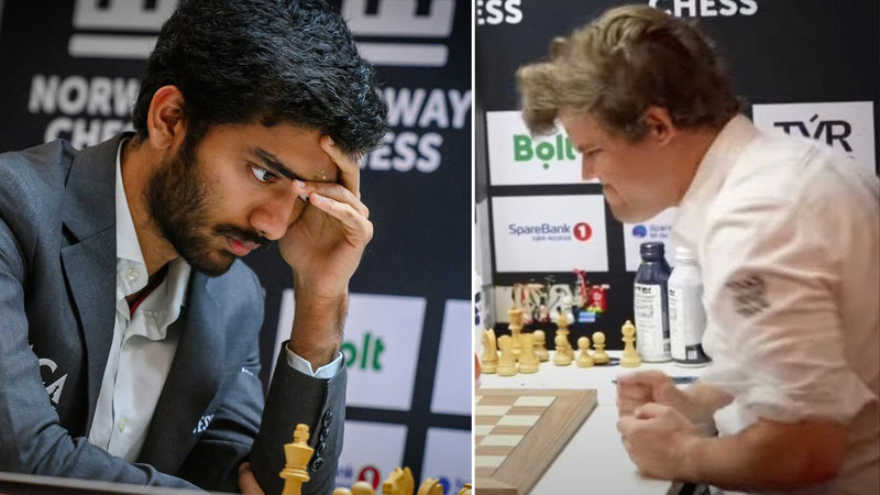 Gukesh Dommaraju Beating Magnus Carlson in chess tournament image examples.