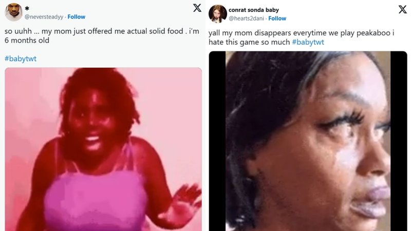 Two screenshots showing comedic #Babytwt tweets