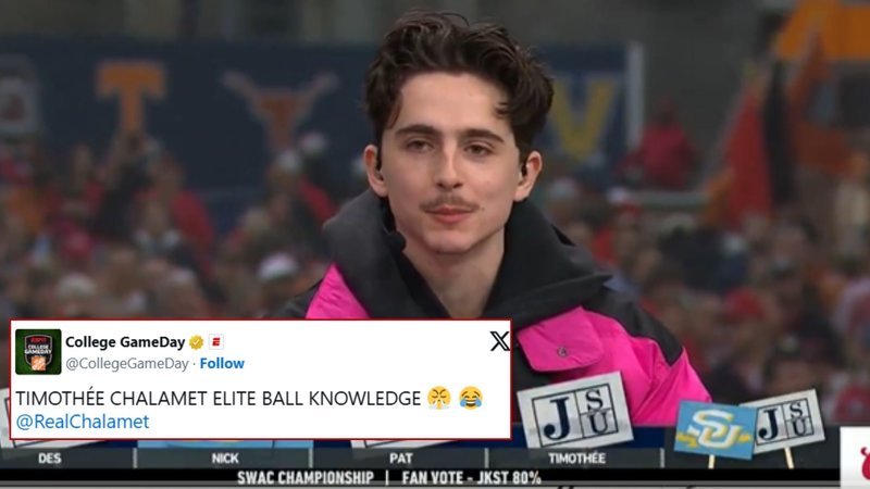 Elite Ball Knowledge meme and tweet depicting American actor Timothée Chalamet commenting on ESPN's "College GameDay" program.