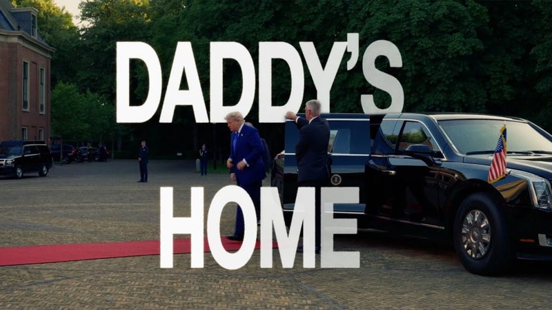 Still image showing the text "Daddy's Home" as United States President Donald Trump walks out of a car.