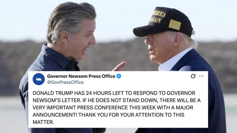 Gavin Newsom Press Office Copying Trump image and tweet example.