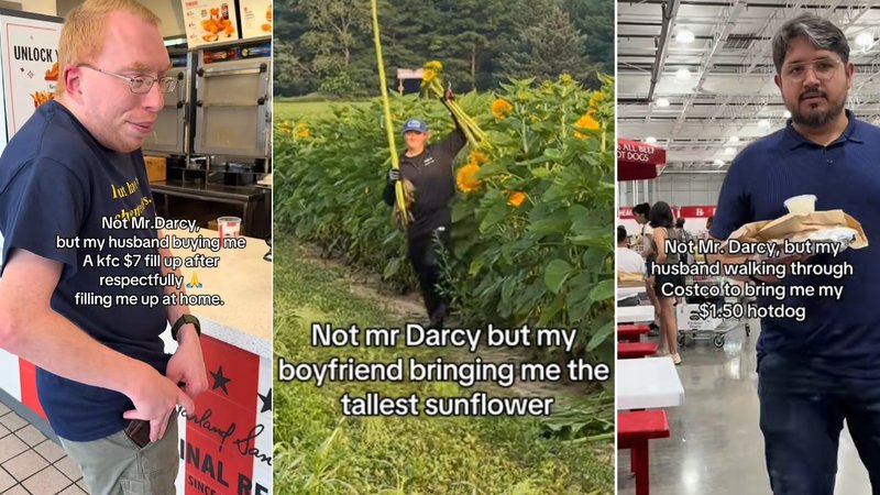 "Not Mr. Darcy But" Trend Three examples of the Not Mr Darcy TikTok trend.