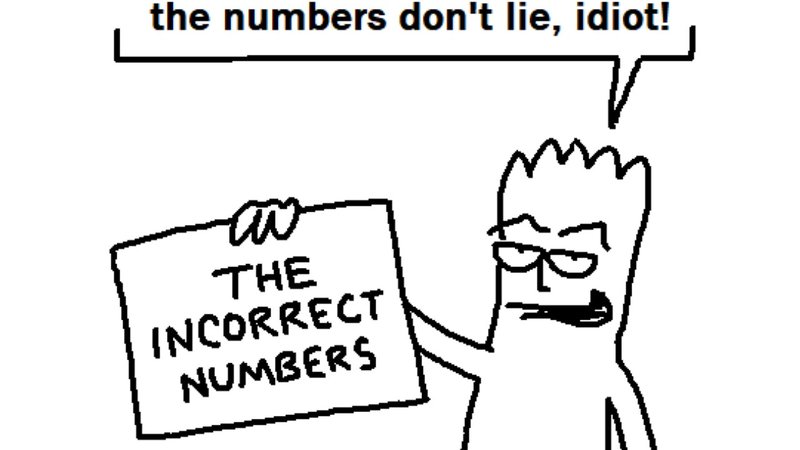The Numbers Don't Lie Idiot / The Incorrect Numbers meme depicting a drawing of a guy with spiky hair saying "the numbers don't lie, idiot!" while holding up a sign reading, "The incorrect numbers."