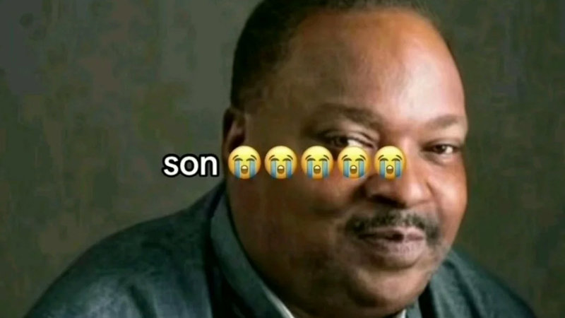 Son meme depicting a man with "son" and numerous crying emojis overlaid on his face.