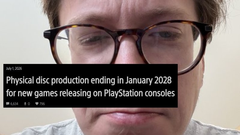 Scott the Woz frowning under an announcement about PlayStation stopping the production of physical discs in 2028.