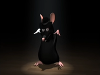 Black rat in a top hat dancing under a spotlight in a dark setting