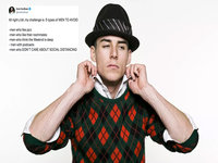 An image of a man in a black sweater and black fedora fixing his collar next to a tweet by evie forham that reads:
All right y’all, my challenge is: 5 types of MEN TO AVOID
-men who like jazz
-men who like their roommates
-men who think the Weeknd is deep
- men with podcasts
-men who DON’T CARE ABOUT SOCIAL DISTANCING